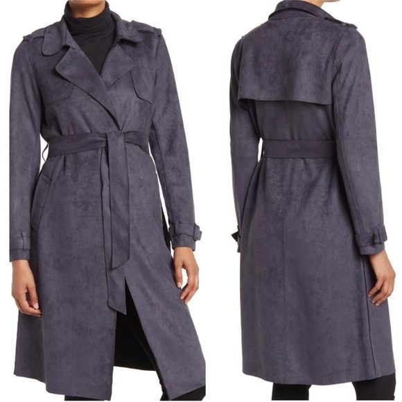Tahari Faux Suede Open Belted Trench Coat - Picture 12 of 12